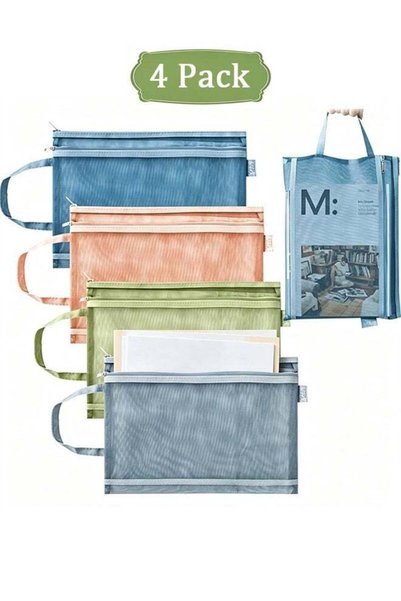 Generic 4 Pcs Mesh Zipper Pouch Document Bags A4 Size File Folders with Handl...