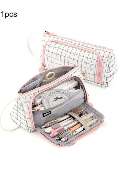 Generic Plaid White Pencil Case, Large Capacity Storage Pouch Marker Pen Penc...