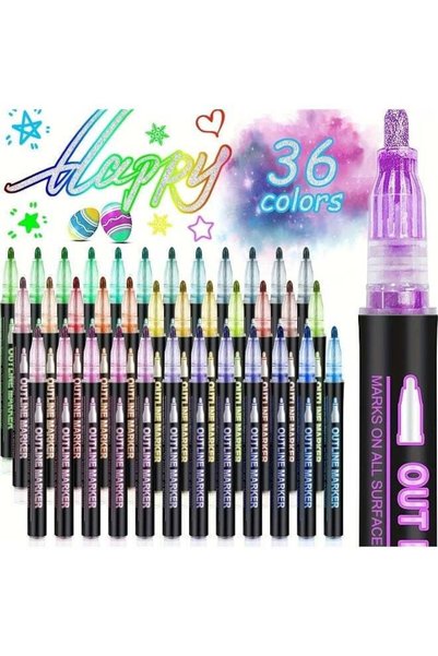 Generic 36-piece set of multicolour dual-line contour pens, suitable for stud...
