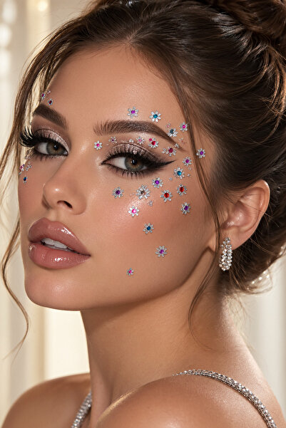 Kendinden Yapışkanlı Simli Kristal Yüz Taşı Çiçek ve Güneş Şekilli Face Gems