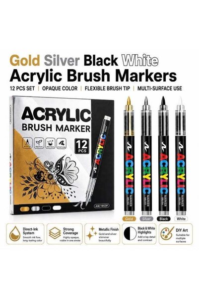 Generic 12 PCS Gold Silver Black White Acrylic Brush Markers, Direct-Ink Flex...