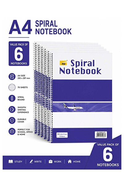 Generic 6-Piece A4 Size Spiral Notebook 70 Sheets Single Line Ruling
