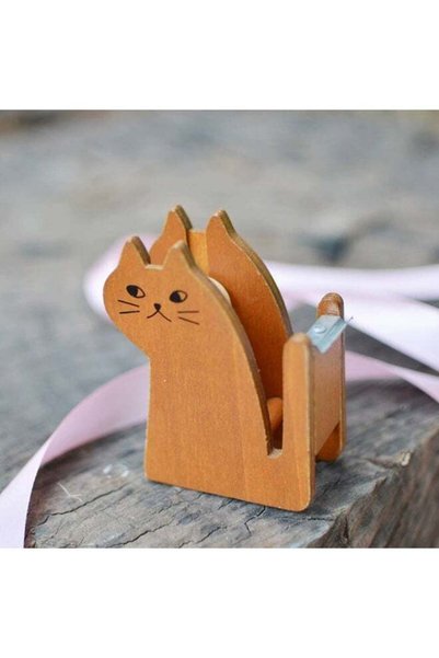 Generic Cute Cat Wooden Tape Dispenser, Brown Animal Design Tape Cutter, Mult...
