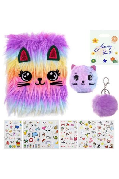 Generic Plush Fuzzy Cat Journal Set with Matching Coin Purse, Keychain Pom-Po...