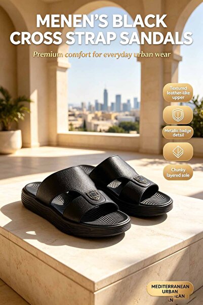 Al Masheel Store Men's Textured Leather Slide Sandals – Cross Strap with Meta...