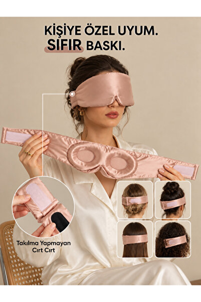 %100 Saf İpek 'Sleep & Glow' Premium Üç Boyutlu Tam Karanlık Uyku Maskesi Göz Bandı (Lacivert) Ayarlanabilir Tasarım