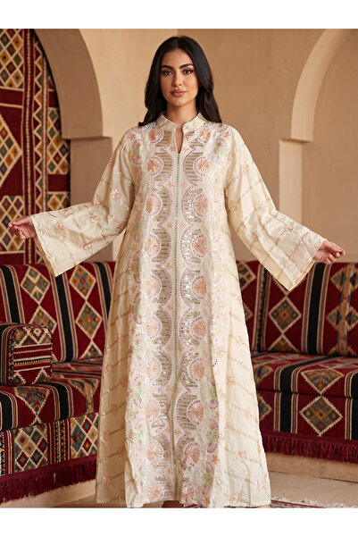 Finelook Women’s Beige Embroidered & Sequined Maxi Kaftan Dress – Elegant Lon...