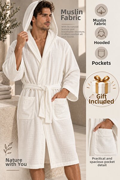 TEXTİLES MAGİC LAMP Unisex Muslin Bathrobe 100% Cotton Hooded with Pockets Be...