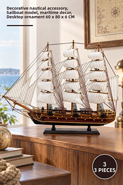Yenilig 3 Pieces Wooden Sailing Ship Model – Decorative Nautical Accessory, S...