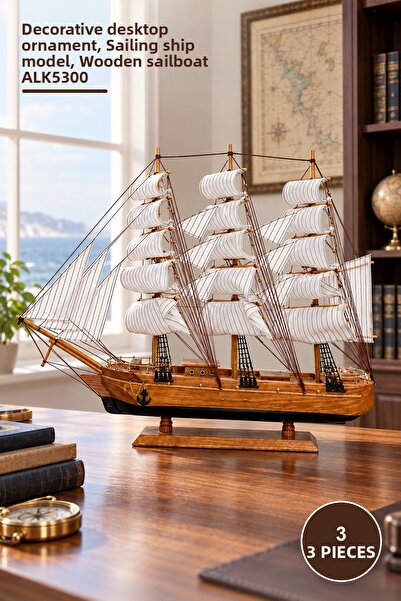 Yenilig 3 Pieces Wooden Sailing Ship Model – Decorative Desktop Ornament, Sai...