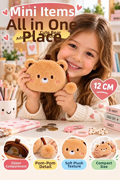 OpenCity 12 cm Teddy Bear Plush Wallet Brown Zippered Pompom Purse for Coins ...