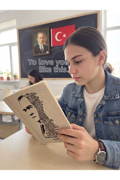 Şımartan Mustafa Kemal Atatürk Printed Raw Cloth Book, Notebook, Agenda and Souvenir Notebook Cover 28X31 cm (Special Memory Designed for Youth)