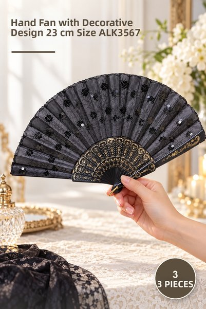 Yenilig 3 Pieces of Plastic Sequin Fan – Hand Fan Decorated Design 23 cm Size...
