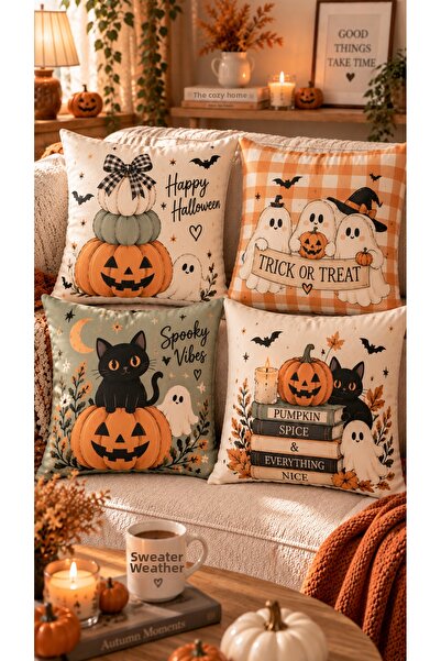 Nari Collections Cozy Pumpkin Halloween 4-Piece Throw Pillow Cover Set – 43X4...