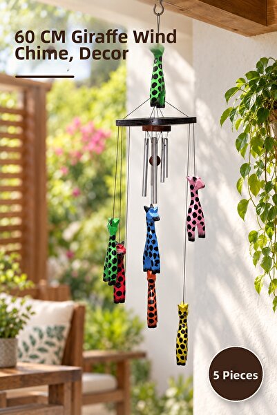 Yenilig 5 Pieces Wooden Giraffe Wind Chime – 60 cm Hanging Decoration, Wind O...