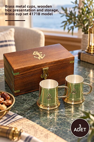 Yenilig 3-Piece Brass Cup Set with Wooden Box – Brass Metal Cups, Presentatio...
