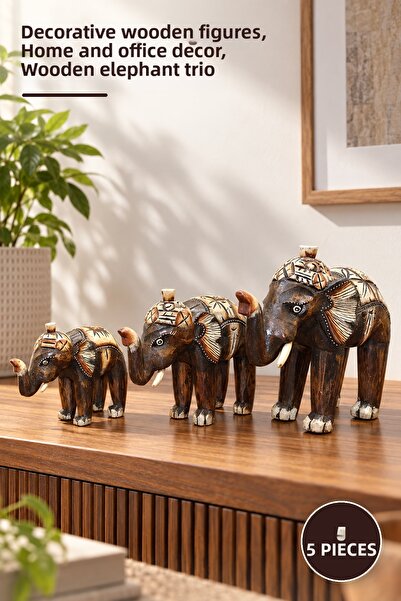 Yenilig 5 Pieces Wooden Elephant Trio Set – Decorative Wooden Figures, Home a...