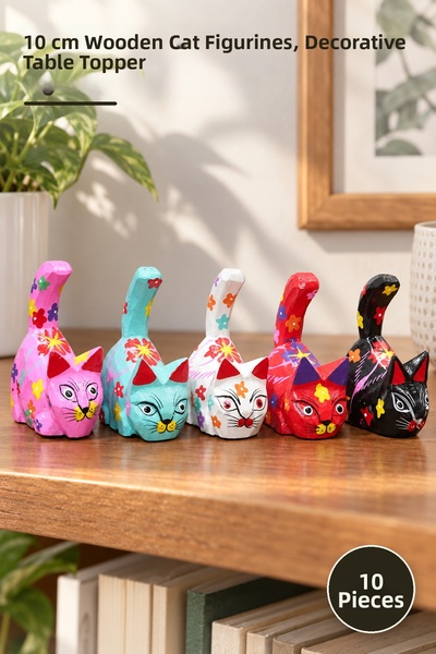 Yenilig 10 Piece Wooden Cat Figurines Set – 10 cm Wooden Figurines, Decorativ...