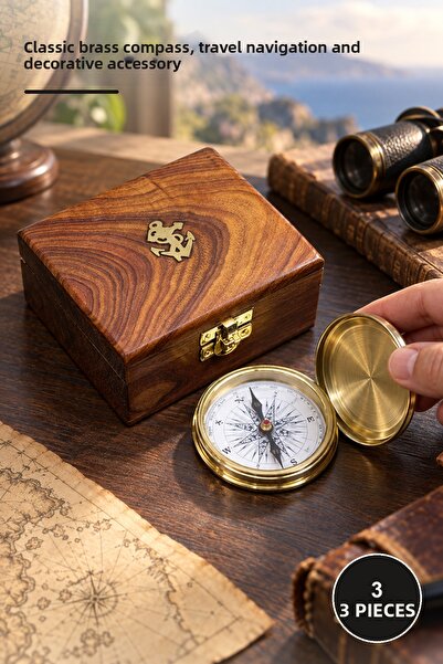 Yenilig 3 Pieces Brass Compass with Wooden Box – Classic Design Brass Compass...