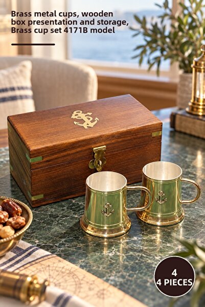Yenilig 4-Piece Brass Cup Set with Wooden Box – Brass Metal Cups, Presentatio...