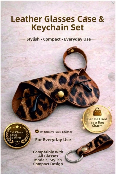 RONYA LEATHER Leopard Patterned 3-Piece Gift Set - Makeup Bag, Leather Glasses Case & Keychain / Bag Charm