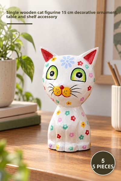 Yenilig 5 Pieces Wooden Cat Polo – Single Wooden Figure 15 cm Decorative Orna...