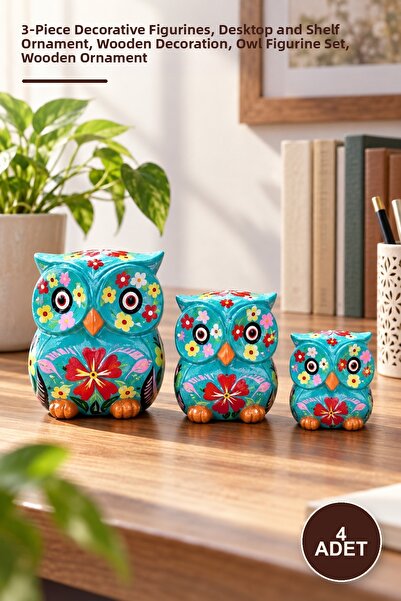 Yenilig 4 Piece Wooden Owl Set – 3-Piece Decorative Figures, Desktop and Shel...