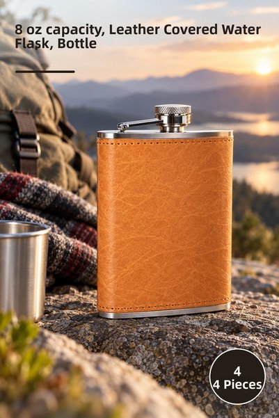 Yenilig 4 Leather-Clad Stainless Steel Flasks – 8 oz Capacity, Leather-Clad W...