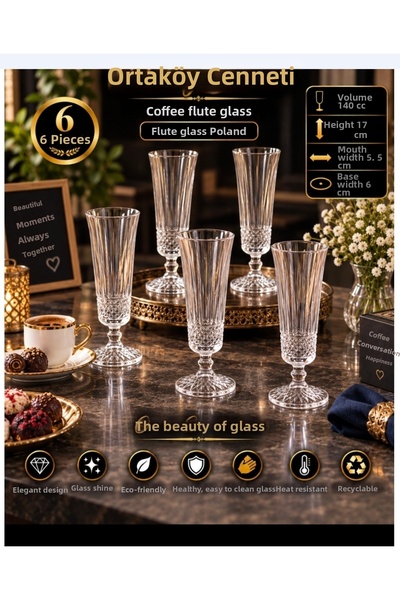 ORTAKÖYCENNETİ Elysia Model Flute Cup 6 Pieces with Legs, Coffee Side 140 Cm,...