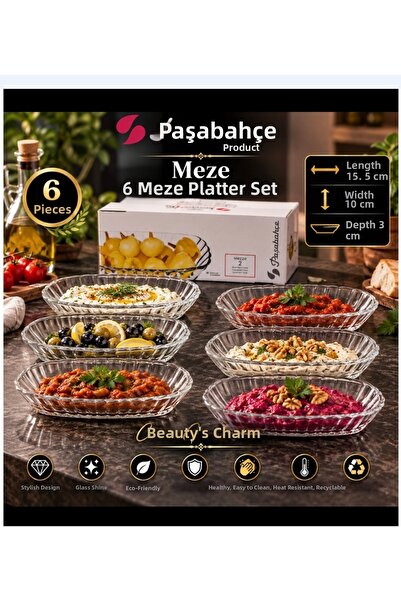Paşabahçe Mezze Kayak Plate 6 Pieces Medium Size Length 15.5 cm Width 10 cm H...