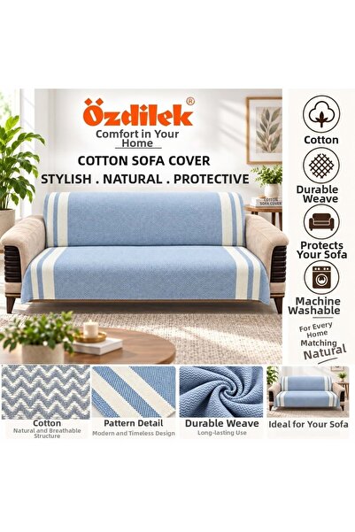 Özdilek Cotton Non-Slip Zigzag Sofa Cover (3+3) - Indigo