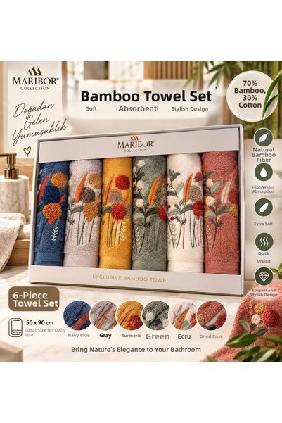 BOZBEYLER Bamboo Bathroom Kitchen 70% Bamboo / 30% Cotton 3D Embroidered Hand Towels - Set of 6 50X90
