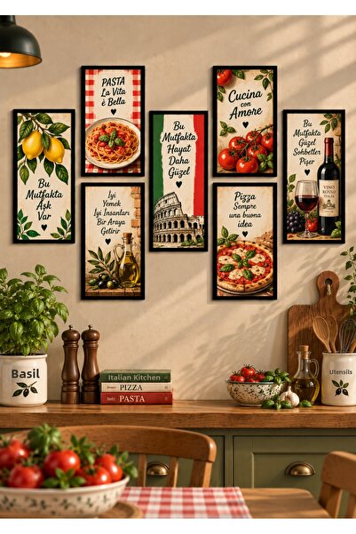 NT Handmade 7 Piece Pasta La Vita Kitchen Painting Set 10X20 cm Frame Look Md...