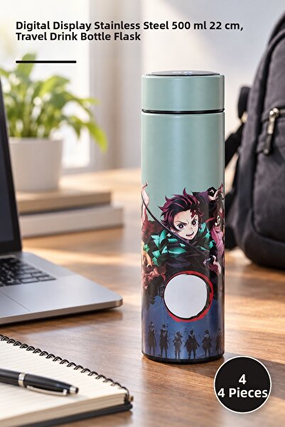 Yenilig 4 pieces anime printed thermos - stainless steel 500 ml 22 cm with di...