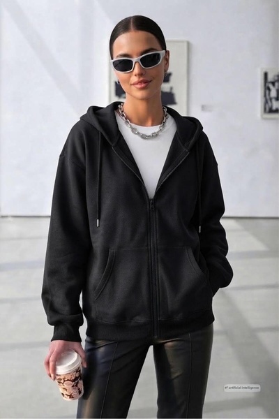 CAST COLLECTİON Women's Black Zippered Hooded Cardigan Jacket