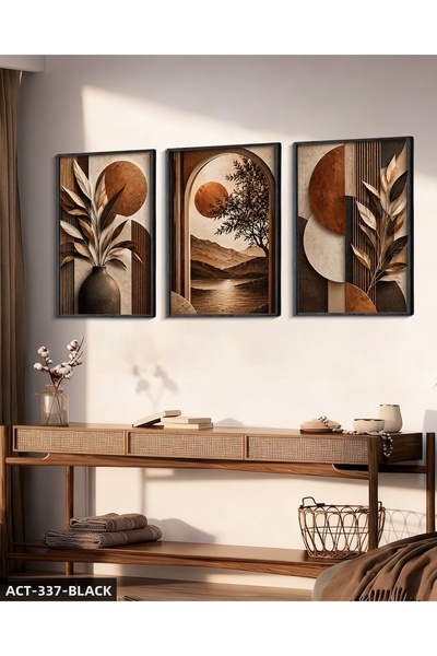 Evinemoda Coffee Leaves and Sunset 3 Piece Wooden Framed Painting Act