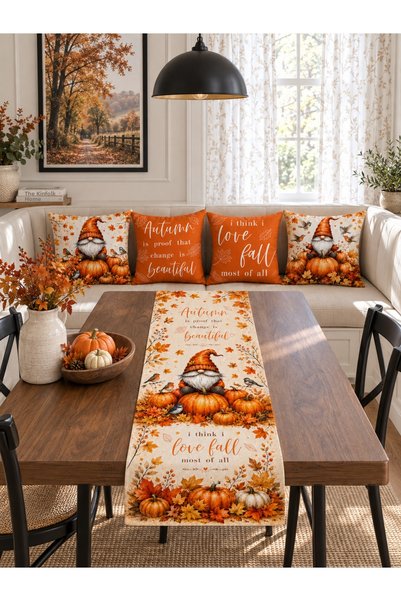HOMESSA Orange Pumpkin Autumn Gnome 4-Piece Throw Pillow Cover Runner Set