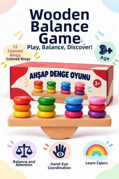 Oyuncak Fabrikası Wooden Balance Game 12 Rings Color Matching and Sorting Edu...