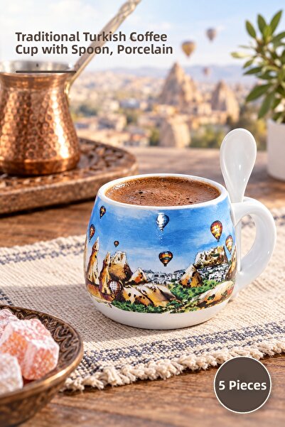Yenilig 5 قطع من فناجين القهوة التقليدية مع ملعقة - فنجان قهوة تركي فردي من ا...