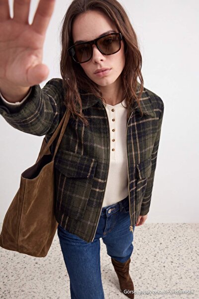 Trendyol Collection Petite Khaki Oversize Plaid Cashmere Coat Twoaw27Mo00144