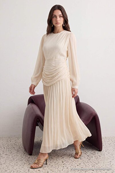 Trendyol Modest Εκρού Φόρεμα και Ολόσωμη Φόρμα Σιφόν Skater Yoryo, Βραδινό Φό...