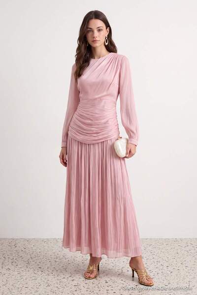 Trendyol Modest Pudra Belde Drapeli Parlak Kumaşlı Dokuma Abiye TCTSS26DB00003