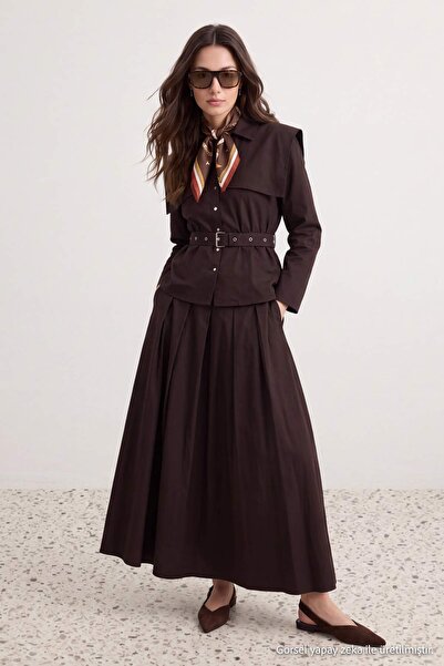 Trendyol Modest تنورة بنية داكنة مع تونيك - طقم علوي TCTAW27US00034