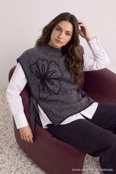 Trendyol Modest Anthracite Soft Textured Embroidered Knitwear Hijab Sweater T...