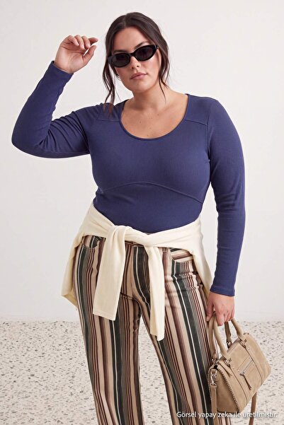 Trendyol Curve Indigo Camisole Crop Knitted Plus Size Blouse Tbbaw26Af00057