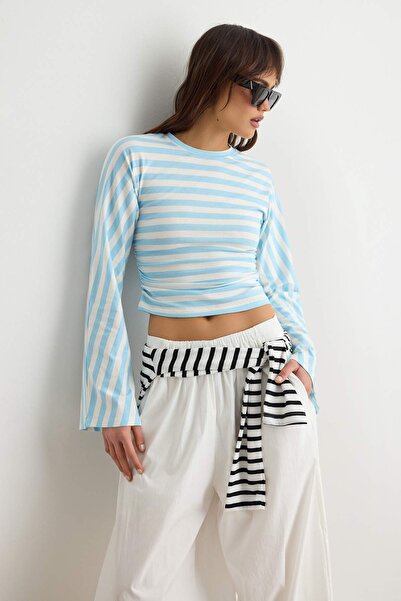 Trendyol Collection Blue Striped Spanish Sleeve Gathered Detailed Regular Fit...