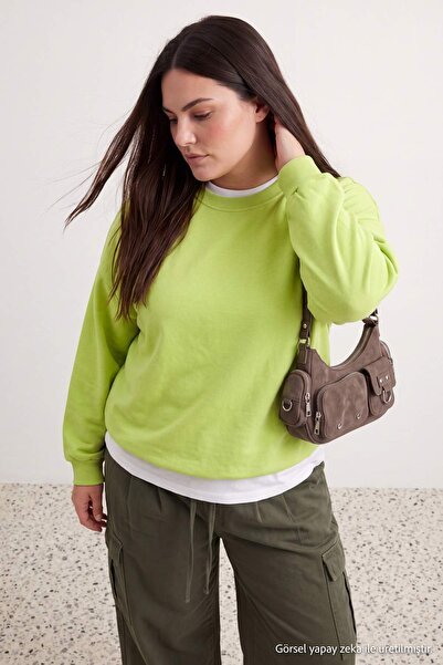 Trendyol Curve Green Oversize/Loose Fit Basic Crew Neck Thick/Fleece-Lined Kn...