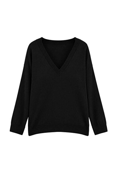 Trendyol Curve Wardrobe Essentials Black V-Neck Soft Touch Knitwear Large Siz...
