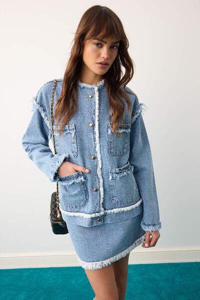 Trendyol Collection Blue Textured Fabric Oversize Denim Jacket Twoaw27Ce00051