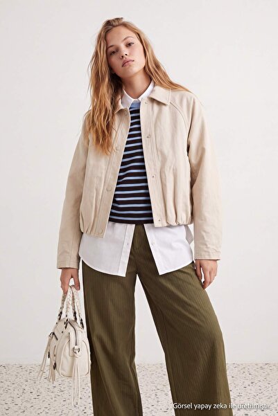 Trendyol Collection Stone Oversize Molded Soft Faux Leather Bomber Jacket Coa...